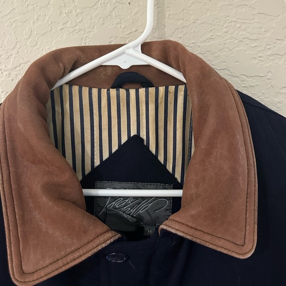 90s Lord & Taylor Mens MD Navy Wool Coat Bomber Jacket Leather Collar - Picture 3 of 10
